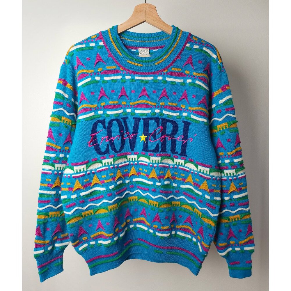 Vintage turquoise abstract multicolor 3D textured crew neck wool knit sweater